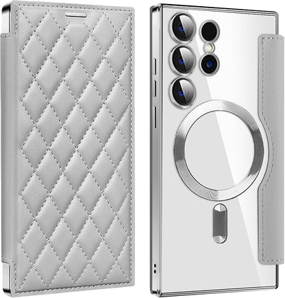 Leather Case for Samsung Galaxy S25 Ultra/S25 Plus/S25, RFID Blocking Flip Case Wireless Charging Magnetic with Card Holder Phone Cover (Silver,S25 Plus)
