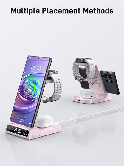Wireless Charger Samsung Charging Station: 3 in 1 Android Charging Stand with Dimmable Clock - Nightstand Organizer for Galaxy S25 Ultra S24, Galaxy Watch 8 7 6 5 4, Galaxy Buds, Space-Saving Charger