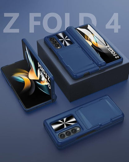 Viaotaily Galaxy Z Fold 4 5G Case with Card Holder & Hinge Protection, Built-in Slide Camera Lens Cover & Screen Protector, Durable Sturdy Phone Cover Case for Samsung Galaxy Z Fold 4 5G 2022 (Blue)