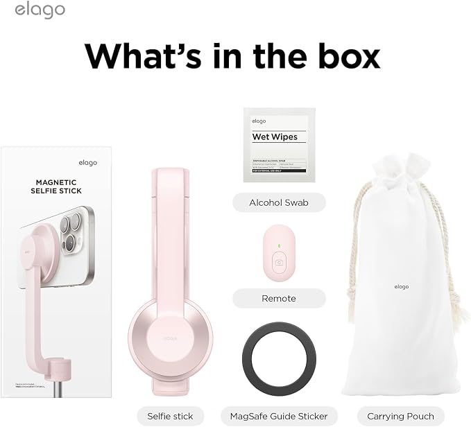 elago Magnetic Selfie Stick Tripod Compatible with MagSafe for iPhone and Galaxy, Strong Magnetism, Portable, Lightweight, Extendable [Pouch, Bluetooth Remote, Guide Sticker Included] [Lovely Pink]