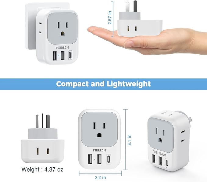 TESSAN Australia Plug Adapter, New Zealand Power Adaptor, 2 Pack | 4 Outlets 3 USB Ports (1 USB C PD 20W), Type I Travel Plug to China Argentina Fiji