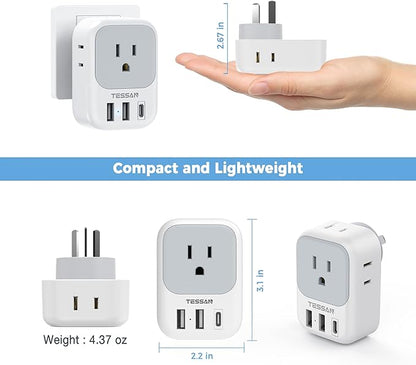 TESSAN Australia Plug Adapter, New Zealand Power Adaptor, 2 Pack | 4 Outlets 3 USB Ports (1 USB C PD 20W), Type I Travel Plug to China Argentina Fiji