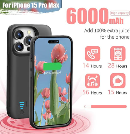 Sitong Battery Case for iPhone 15 Pro Max, 6000mAh Rechargeable Extended Battery Charging/Charger Case, Add 100% Extra Juice (6.7 inch) Black