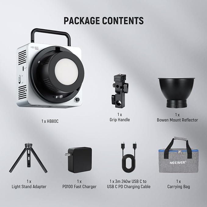 NEEWER 80W RGBWW LED Video Light with 72Wh Battery, 100W PD Fast Charger, APP/2.4G Control, 10400lux/m 2500K-7500K, Mini RGB Bowens Mount Studio Photography Recording Continuous Output Lighting, HB80C