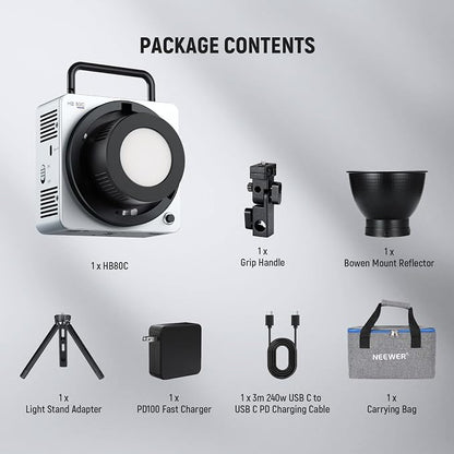 NEEWER 80W RGBWW LED Video Light with 72Wh Battery, 100W PD Fast Charger, APP/2.4G Control, 10400lux/m 2500K-7500K, Mini RGB Bowens Mount Studio Photography Recording Continuous Output Lighting, HB80C