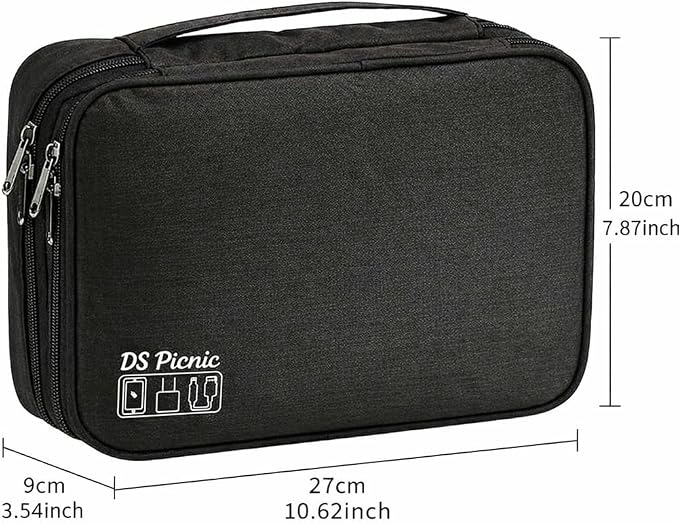 Electronic Organizer Travel Essentials Case, Waterproof Double Layer Cable Storage Pouch Bag for Charger, USB Cords, Power Bank, Phone Mouse SD Card Earphone Camera, Tablet (Up to 11 inch)