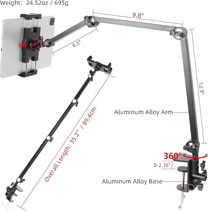 Tablet Stand Holder for Desk and Bed, Adjustable Aluminum Foldable Arm iPad Mount Clamp on Table Compatible with iPad Air Mini, Galaxy Tabs, 4.7-12.9" Tablets and Phones