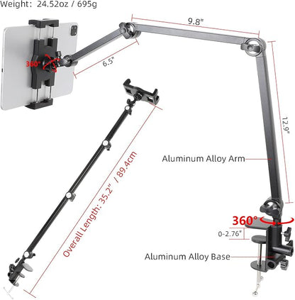Tablet Stand Holder for Desk and Bed, Adjustable Aluminum Foldable Arm iPad Mount Clamp on Table Compatible with iPad Air Mini, Galaxy Tabs, 4.7-12.9" Tablets and Phones