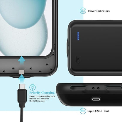 13800mAh Battery Case for iPhone 15 Plus(6.7 inch), [2026 Upgraded] High Capacity Rechargeable Extended Charging Charger Case with Tempered Glass Screen Protector, Black