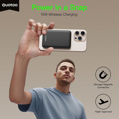 Ouotoo Ultra-Thin Magnetic Power Bank 5000mAh, 15W Qi Fast Wireless Charging Portable Battery Pack, 20W USB-C PD Magsafe Compatible for iPhone 17 16 15 14 13 12, LED Display/Portable/Travel/Pocket