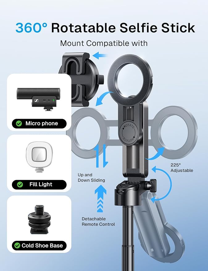 MAGIC JOHN Phone Tripod with 2 Selfie Light, Portable Pocket Size Selfie Stick for iPhone Magsafe, Selfie Stick with Detachable Remote Control for Photograph, Live Streaming, Video Recording