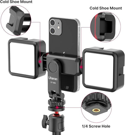 ULANZI Phone Tripod Mount ST-06S, Universal Smartphone Mount Adapter with 2 Cold Shoe, 360° Rotates Adjustable Cell Phone Clip Clamp Holder, Compatible with iPhone17/16/15, Samsung Galaxy Smartphones