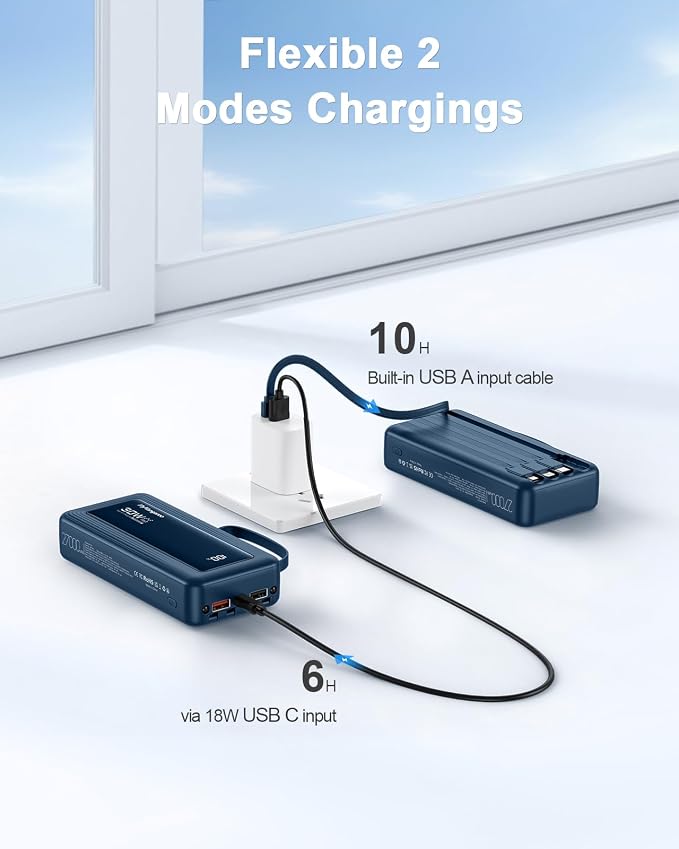 Portable Charger 27000mAh 30W Fast Charging Power Bank | Built-in Cables, LED Display, 6 Outputs & 2 Inputs, USB C Battery Pack, Compatible with iPhone, Samsung, Google