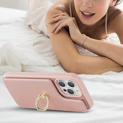 Lipvina for iPhone 13 Pro Max/iPhone 12 Pro Max Case with Card Holder for Women,Crossbody Strap Lanyard,Credit Card Holder,Ring Stand,Snap Clasp,Wallet Case 6.7 inch (Rose Gold)