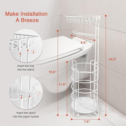 Goozii White Toilet Paper Holder Stand with Shelf, Free Standing Bathroom Tissue Holder for Large Mega Rolls, Metal Floor Toilet Paper Roll Holder with Wipes Storage and Phone Tray (White)