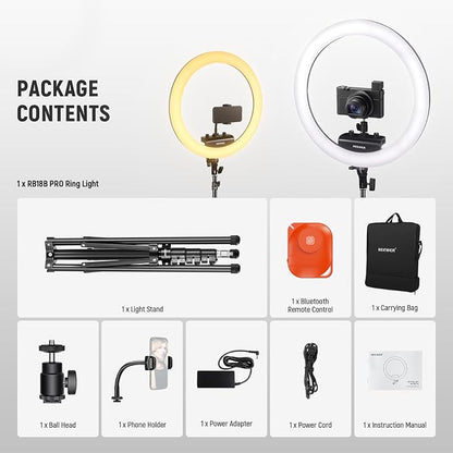 NEEWER RP18B Pro Ring Light 18" with Tripod Stand and Phone Holder Compatible with iPhone, 45W 2900K-7000K App Control Cleaning Cloth, Selfie Video Recording Makeup Studio Streaming Lighting, Black