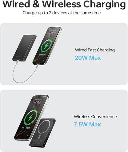 10,000mAh for MagSafe Power Bank Ultra Slim, Magnetic Wireless Charger with USB-C Cable, Fast Charging Portable Battery for iPhone 17/16/15/14/13/12 Series, All-Metal Design, Black