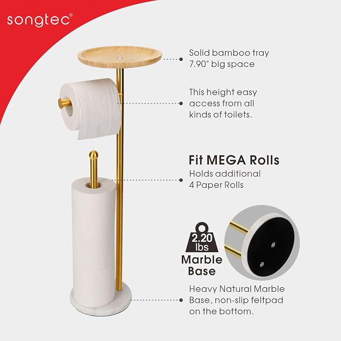Standing Toilet Paper Holder Gold with 7.9" Big Tray, 2.2Lbs Heavier Marble Base, Freestanding Paper Holder Stand with Phone Shelf, Holds 5 Paper Rolls (Gold)
