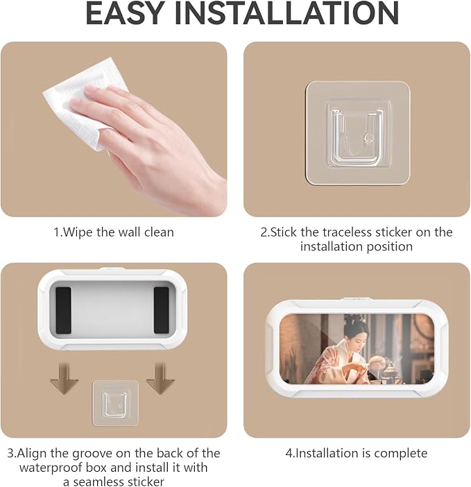 Waterproof Shower Phone Holder, 480° Rotating Adjustable Wall Mount with HD Touch Screen, Fog-Proof Bathroom Case for 4-7 Inch Phones