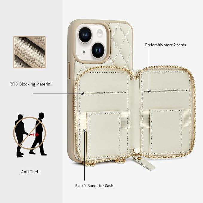 LAMEEKU Designed for iPhone 14 Wallet Case with Card Holder Crossbody Chain for Women RFID Shockproof Cover Compatible with iPhone 14, 6.1 Inch-Beige