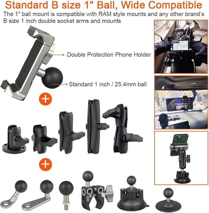 Aluminum Cell Phone Holder with 1 Inch Ball Mount Adapter Compatible with RAM mounts B Size 1" Socket Arm Bike Motorcycle Car Phone Mount, Double Protection Anti-loosening Locking knob