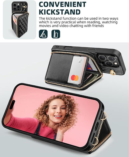 OCASE Compatible with iPhone 16 Pro Max Crossbody Wallet Case with Card Holder, PU Leather Zipper Handbag Phone Purse with RFID Blocking Kickstand Wrist Strap Lanyard 6.9 Inch, Diamond Check Black