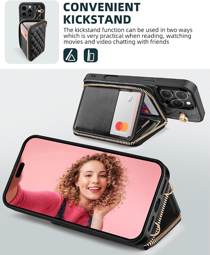 OCASE Compatible with iPhone 16 Pro Crossbody Wallet Case with Card Holder, PU Leather Zipper Handbag Phone Purse with RFID Blocking Kickstand Wrist Strap Lanyard 6.3 Inch, Diamond Check Black