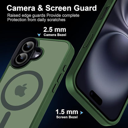 Powerful Magnetic Case for iPhone 16 Case [5X-Grade Drop Tested & Compatible with MagSafe] Translucent Anti-Fingerprint Shockproof Protective Cover 6.1 Inch, Alpine Green
