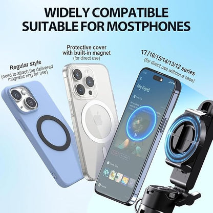 Magnetic Phone Tripod Stand, Portable Mini Selfie Stick for iPhone 16/15/14/13/12 & MagSafe, Aluminum Angle-Adjustable Foldable Strong Magnet Phone Holder, Travel Essentials, Included Metal Ring