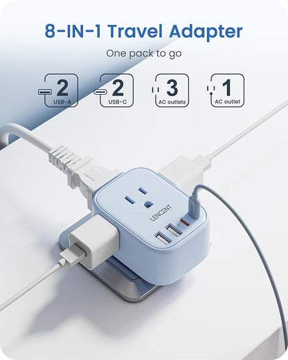 LENCENT European Travel Plug Adapter US to Europe Type-C Foldable Plug | with 4 Outlets 4 USB Ports (2 USB C), Power Adaptor for USA to EU Euro Iceland Spain Italy France Germany Greece, Blue