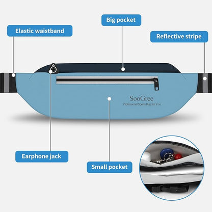 SooGree Running Waist Pack for Men Women, Lightweight Waterproof Sports Belt Bag, Phone Running Pouch, Night Reflective Fitness Storage Bag for Running Cycling Hiking Traveling (Lake Blue/Blue)