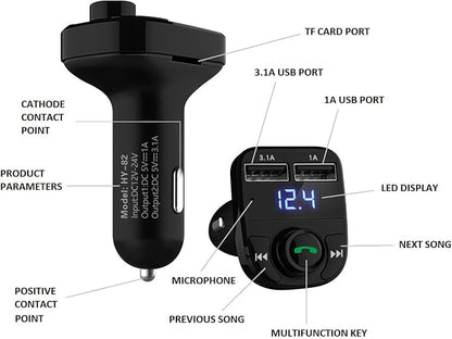 Handsfree Call Car Charger, Wireless Bluetooth 5.3 FM Transmitter Radio Receiver, MP3 Audio Music Adapter, Dual USB Ports, LED Show Voltage/FM Frequency, Compatible for iPhone Samsung Smartphones