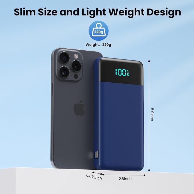 Portable Charger for iPhone with Built in Cables and Wall Plug,Upgraded 13800mAh Fast Charging USB C Power Bank,4 Outputs Travel Essential Battery Pack Compatible with iPhone 17/16/15/14,Samsung-Blue