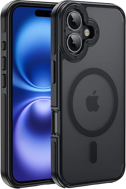 Strong Magnetic for iPhone 16 Case [5X Military-Grade Shockproof for iPhone 16 Phone case] Compatible with fit MagSafe Translucent Slim Thin Case for iPhone 16-6.1'', Black Bumper