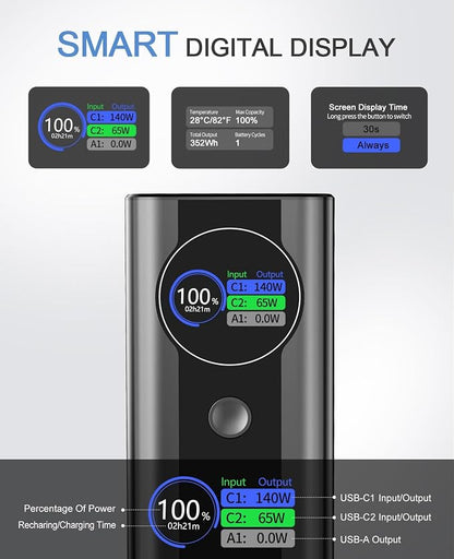 140W Power Bank, 27000mAh 3-Port PD3.1 Portable Laptop Charger with Two 140W Port, Smart Digital Display, Portable Phone Charger for iPhone 17/16 Series, MacBook, iPad, AirPods etc
