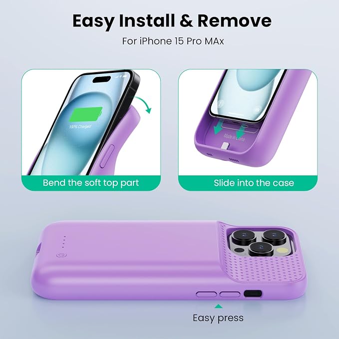 Battery Case for iPhone 15 Pro Max,Powerful 8600mah Ultra-Slim Protective Charging Case,15W Fast Charging Portable Rechargeable Expandable Battery Charger Cover for iPhone 15 Pro Max(6.7inch)-Purple