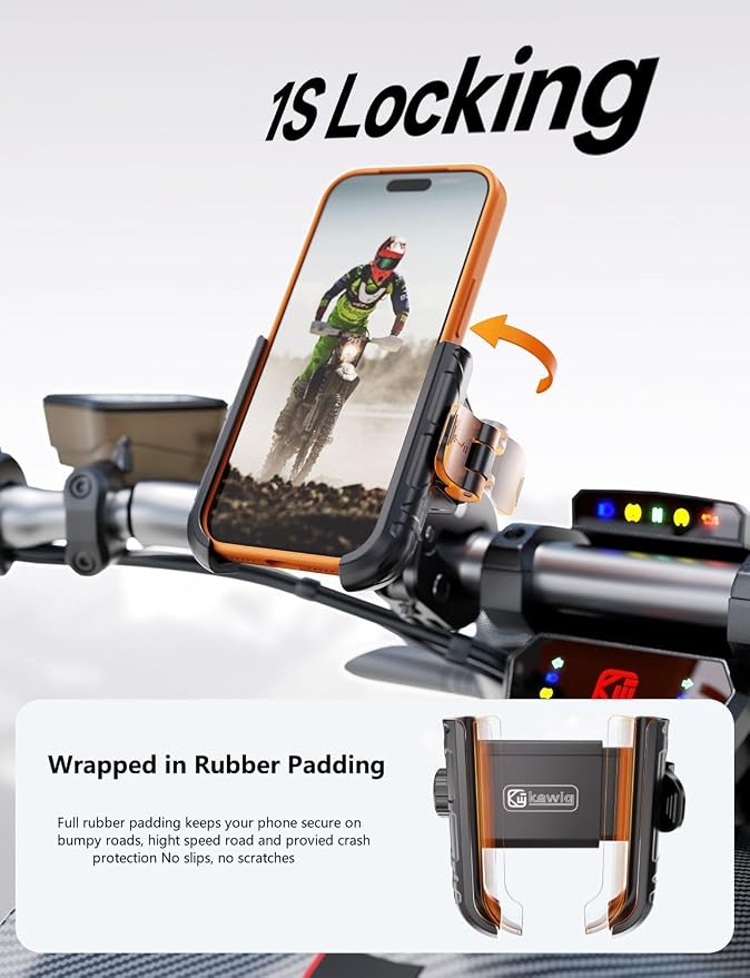 Kewig Bike Phone Holder - [Camera Friendly] [1-Second Lock & Release] Bike Cell Phone Mount Clamp, Motorcycle Bicycle Scooters Handlebar Cell Phone Mount Clip Fits 5.4-7.2" Smartphones