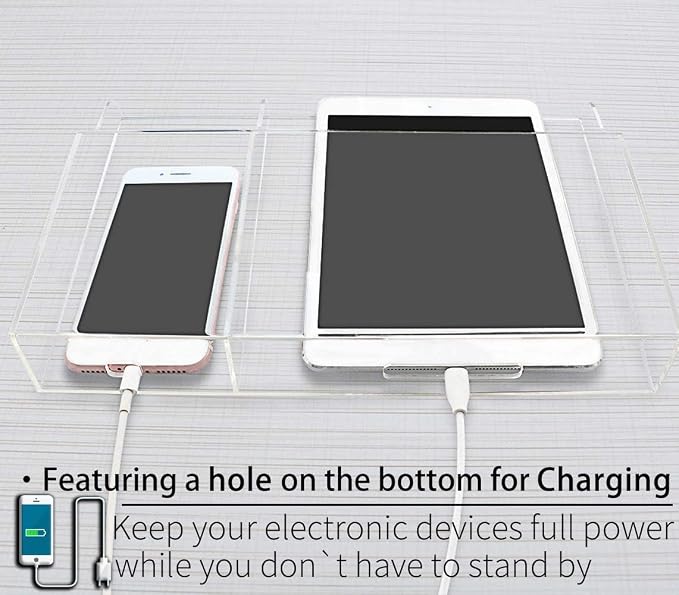 Clear Wall Tablet Holder Acrylic Wall Mounted Phone Holder for iPad, Remote Control Holder Laptop Stand for eReader Storage Caddy with Charging Holes for Kindle iPhone