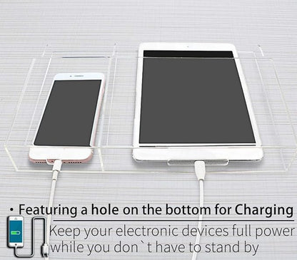 Clear Wall Tablet Holder Acrylic Wall Mounted Phone Holder for iPad, Remote Control Holder Laptop Stand for eReader Storage Caddy with Charging Holes for Kindle iPhone