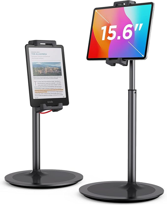 SAIJI Tablet Stand Holder, Extra-Height Adjustable Kindle Stand, 360 Degree Rotating iPad Holder, Aluminum Alloy Cradle Mount Dock for 4.7"-15.6" iPhone, Samsung, Tablets, Portable Monitor (Black)
