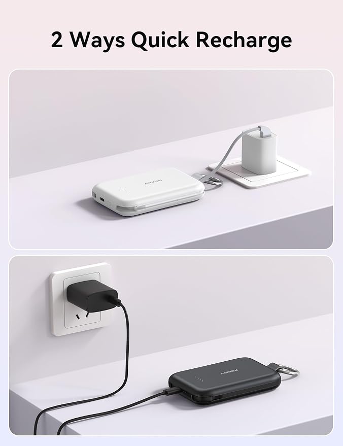 RORRY Portable Charger, 10000mAh PD 30W Fast Charging Portable Charger Power Bank with Built-in Cables, Travel Keychain Charger Battery Pack for iPhone 17/16/15/14/13/12, for AirPods 2/3/4/Pro, White