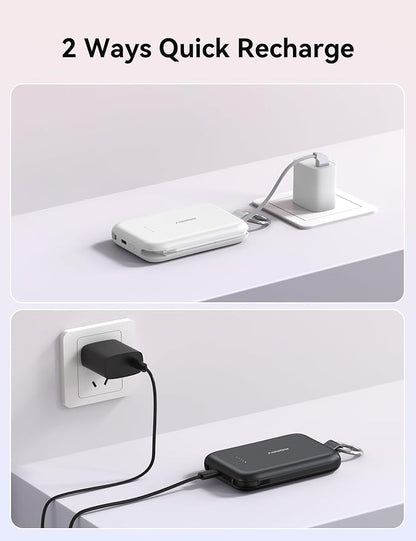 RORRY Portable Charger, 10000mAh PD 30W Fast Charging Portable Charger Power Bank with Built-in Cables, Travel Keychain Charger Battery Pack for iPhone 17/16/15/14/13/12, for AirPods 2/3/4/Pro, White
