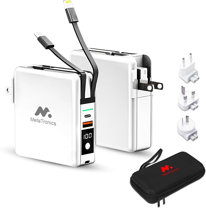 5-in-1 Travel Power Bank with Wall Plug — 10000mAh MagSafe Wireless Portable Charger with Built-in USB-C & Lightning Cables + Universal International Travel Adapter (US/Asia/Europe/Asia) | 5-in-1 Charger with USB-C, Global Travel Adapter, Built-In Char...