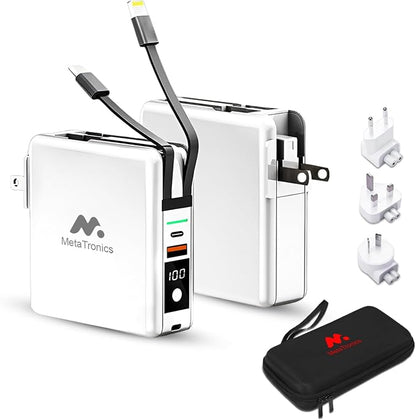 5-in-1 Travel Power Bank with Wall Plug — 10000mAh MagSafe Wireless Portable Charger with Built-in USB-C & Lightning Cables + Universal International Travel Adapter (US/Asia/Europe/Asia) | 5-in-1 Charger with USB-C, Global Travel Adapter, Built-In Char...