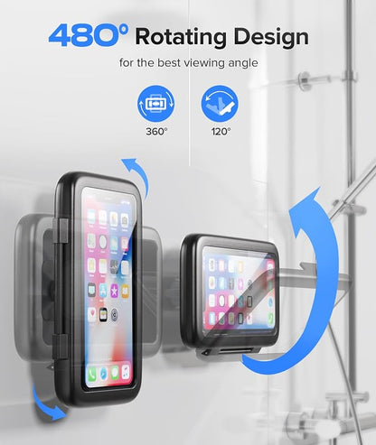 LC-dolida Shower Phone Holder Waterproof 480 Rotation Phone Stand Case Mount for Bathroom Batheub Kitchen Wall Mirro Compatible with iPhone 17 16 15 14 13 Plus Pro Max XS XR up to 6.8" Cell Phone