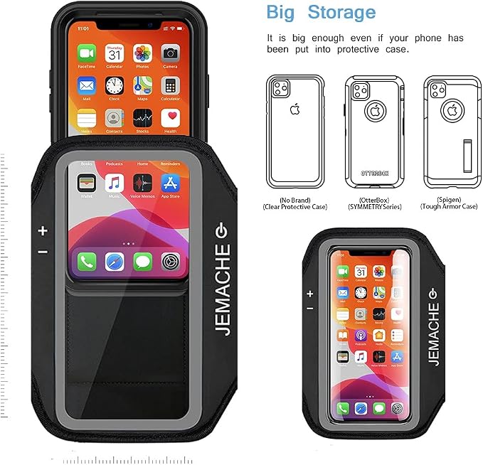iPhone 17 16 Pro Armband, JEMACHE Gym Workouts Running Arm Band for iPhone 17/16/15/14/13/12 Pro (Black)