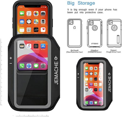 iPhone 17 16 Pro Armband, JEMACHE Gym Workouts Running Arm Band for iPhone 17/16/15/14/13/12 Pro (Black)