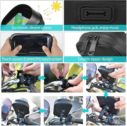Bike Frame Bag Waterproof Bicycle Phone Holder Pouch Smartphone Mount 360° Rotatable Touchscreen Zipper Handlebar Bag Sun Visor Rain Cover Motorbike Scooter Scooty