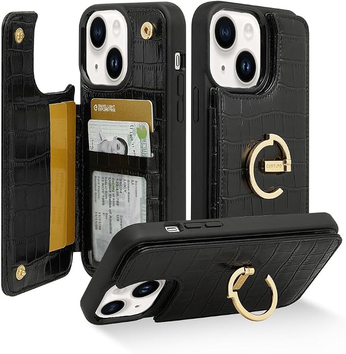 CUSTYPE for iPhone 13/14 Wallet Case with Card Holder,Ring Holder Kickstand Card Slots Case,Leather Protective Case with Wallet for Women and Men for iPhone 13/14 6.1"-Black