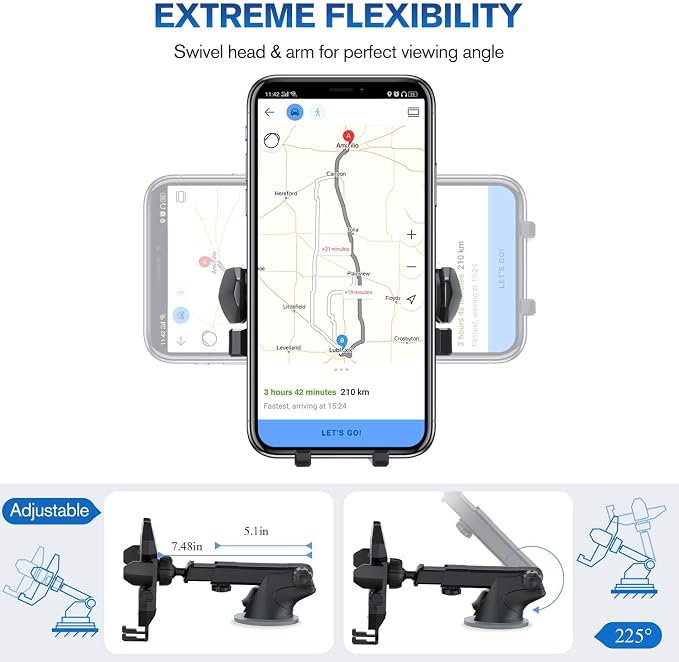Manords Car Phone Mount Holder for Dashboard Windshield Compatible with All iPhone & Android Cell Phones, Black